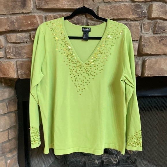Rafaella Woman lime, green, V-neck, light sweater with sequence. 1X - Picture 1 of 6